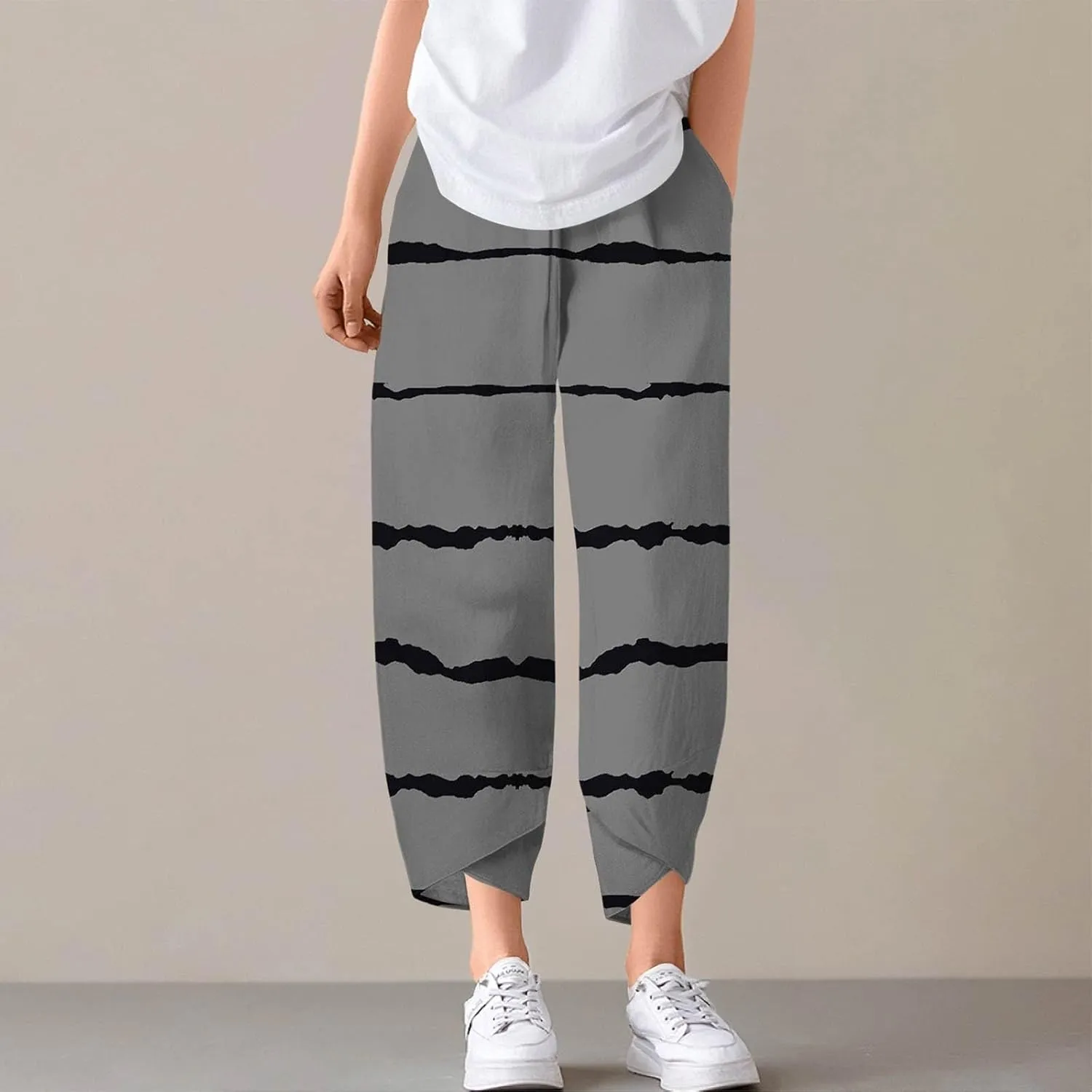 Capri Pants for Women Plus Size- with Pockets Drawstring Trendy Casual Light Weight Baggy Jogging Striped Stretch