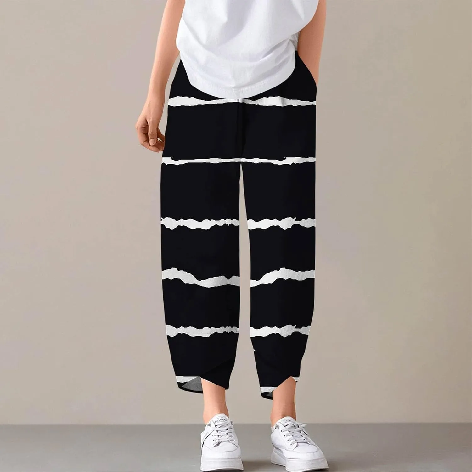 Capri Pants for Women Plus Size- with Pockets Drawstring Trendy Casual Light Weight Baggy Jogging Striped Stretch