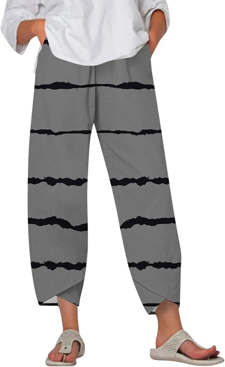 Capri Pants for Women Plus Size- with Pockets Drawstring Trendy Casual Light Weight Baggy Jogging Striped Stretch