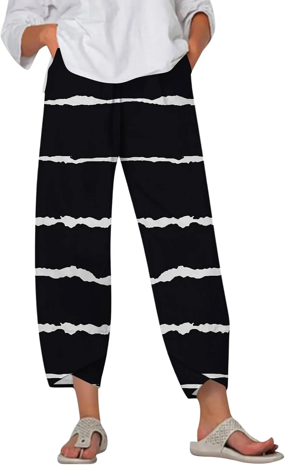 Capri Pants for Women Plus Size- with Pockets Drawstring Trendy Casual Light Weight Baggy Jogging Striped Stretch