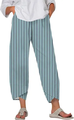 Capri Pants for Women Plus Size- with Pockets Drawstring Trendy Casual Light Weight Baggy Jogging Striped Stretch