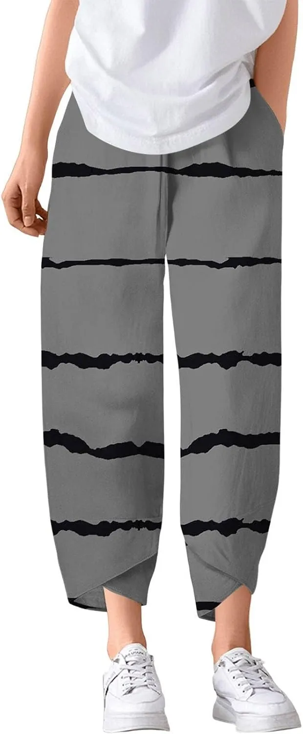 Capri Pants for Women Plus Size- with Pockets Drawstring Trendy Casual Light Weight Baggy Jogging Striped Stretch