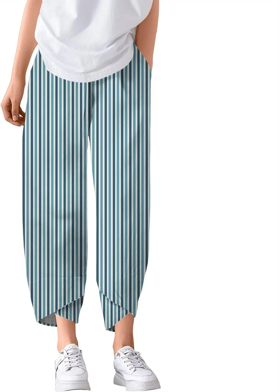 Capri Pants for Women Plus Size- with Pockets Drawstring Trendy Casual Light Weight Baggy Jogging Striped Stretch