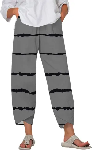 Capri Pants for Women Plus Size- with Pockets Drawstring Trendy Casual Light Weight Baggy Jogging Striped Stretch