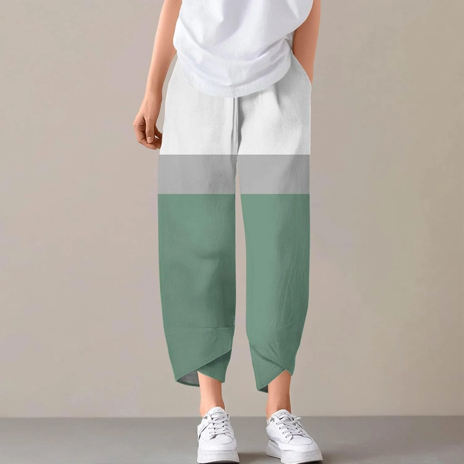 Capri Pants for Women Plus Size- with Pockets Drawstring Trendy Casual Light Weight Baggy Jogging Striped Stretch