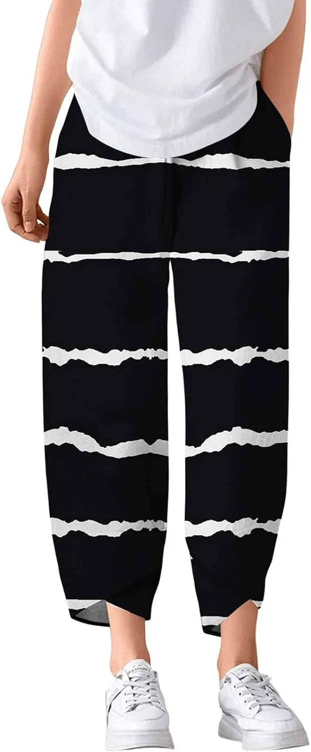Capri Pants for Women Plus Size- with Pockets Drawstring Trendy Casual Light Weight Baggy Jogging Striped Stretch
