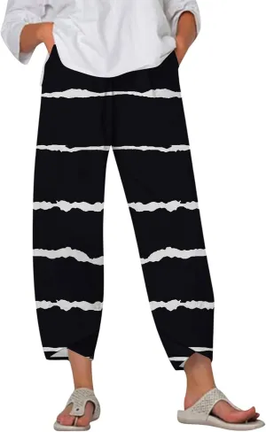 Capri Pants for Women Plus Size- with Pockets Drawstring Trendy Casual Light Weight Baggy Jogging Striped Stretch