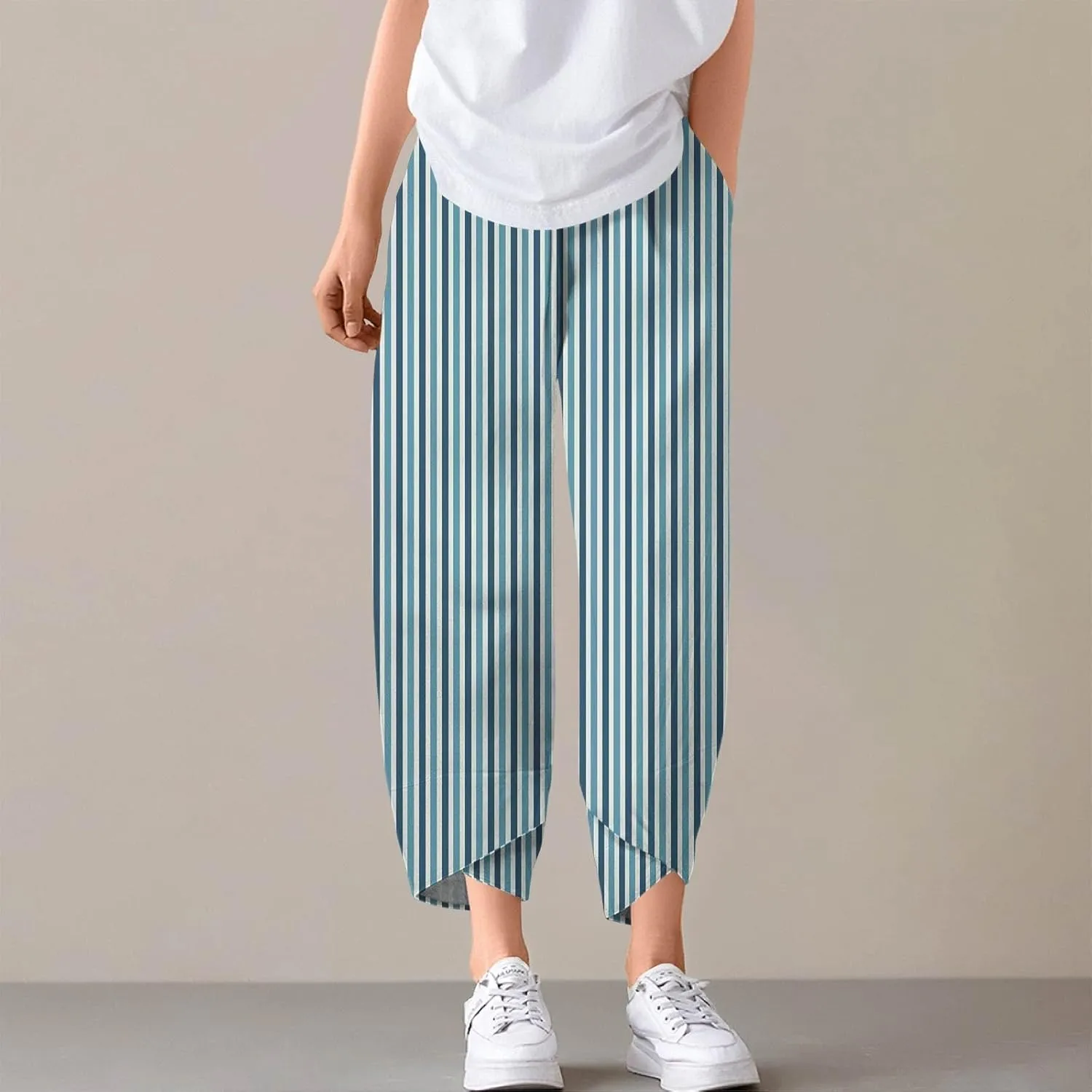 Capri Pants for Women Plus Size- with Pockets Drawstring Trendy Casual Light Weight Baggy Jogging Striped Stretch