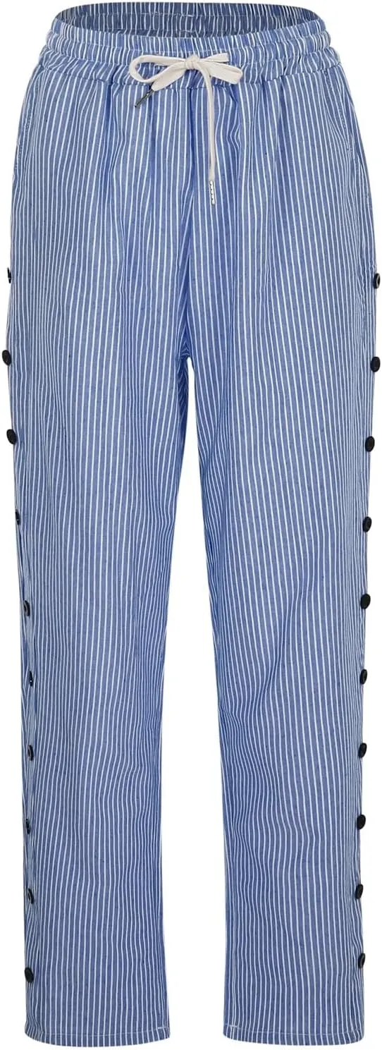 Capris Pants for Women Striped Elastic Waistband High Waistband Pocket Pants Side Nine Point Loose Casual