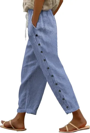 Capris Pants for Women Striped Elastic Waistband High Waistband Pocket Pants Side Nine Point Loose Casual