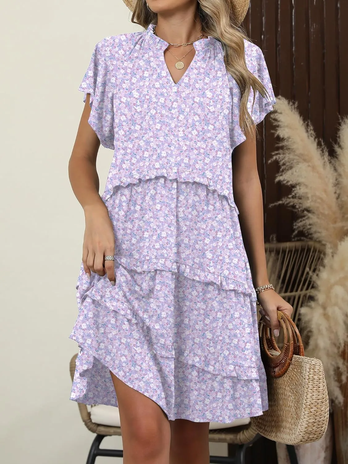 Caracilia Women Summer Casual V Neck Flutter Sleeve Sundress Boho Flowy Ruffle Tiered Spring Beach Vacation Short Mini Dress