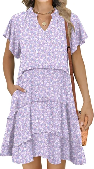 Caracilia Women Summer Casual V Neck Flutter Sleeve Sundress Boho Flowy Ruffle Tiered Spring Beach Vacation Short Mini Dress