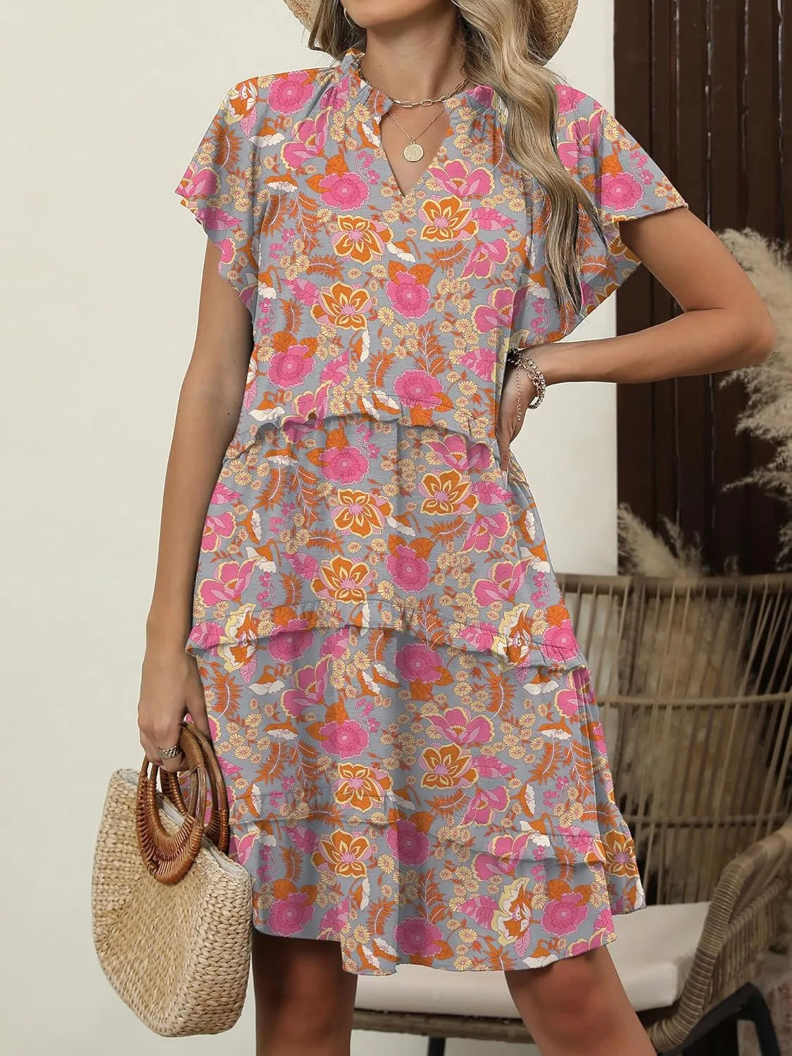 Caracilia Women Summer Casual V Neck Flutter Sleeve Sundress Boho Flowy Ruffle Tiered Spring Beach Vacation Short Mini Dress