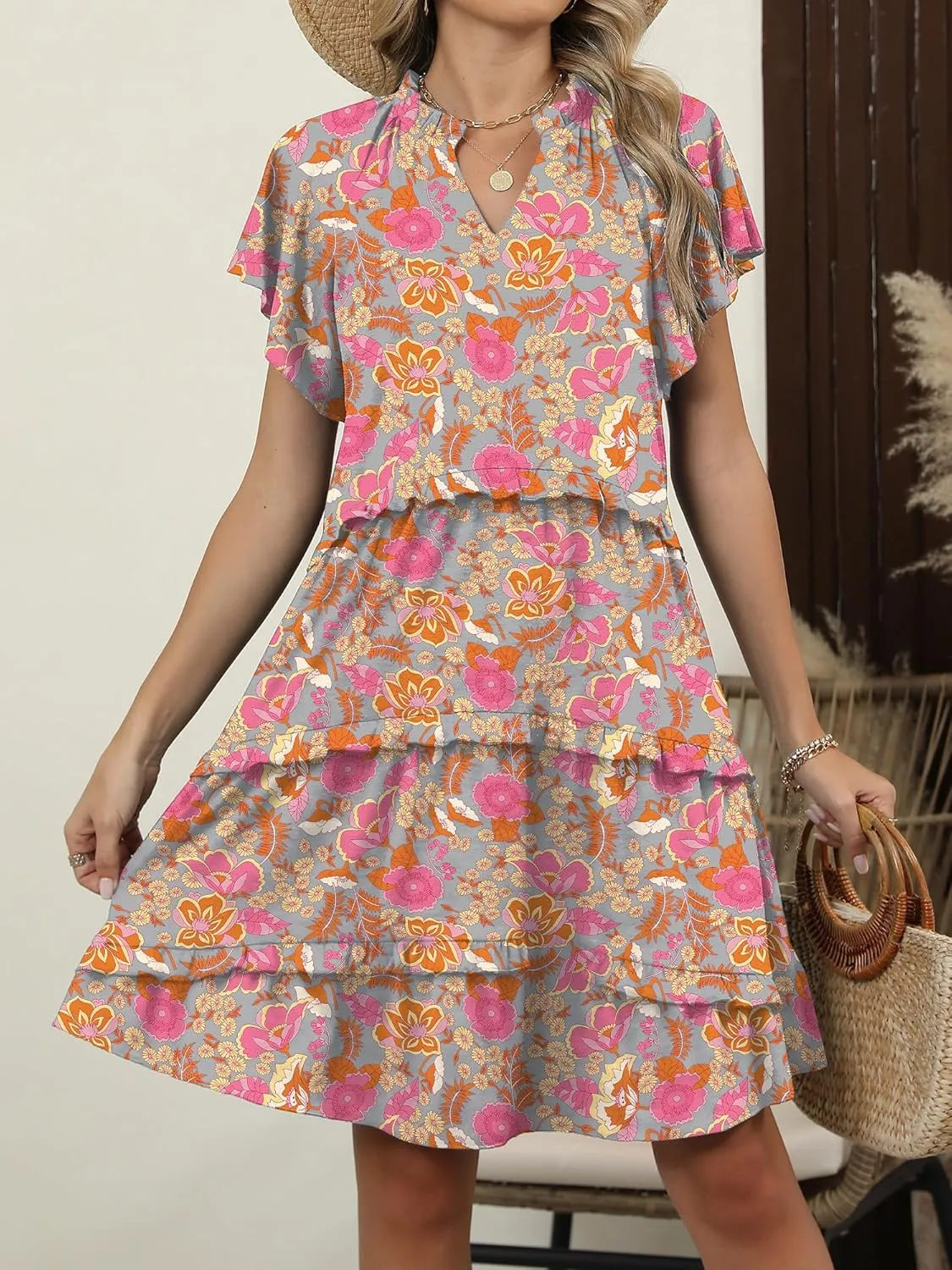 Caracilia Women Summer Casual V Neck Flutter Sleeve Sundress Boho Flowy Ruffle Tiered Spring Beach Vacation Short Mini Dress