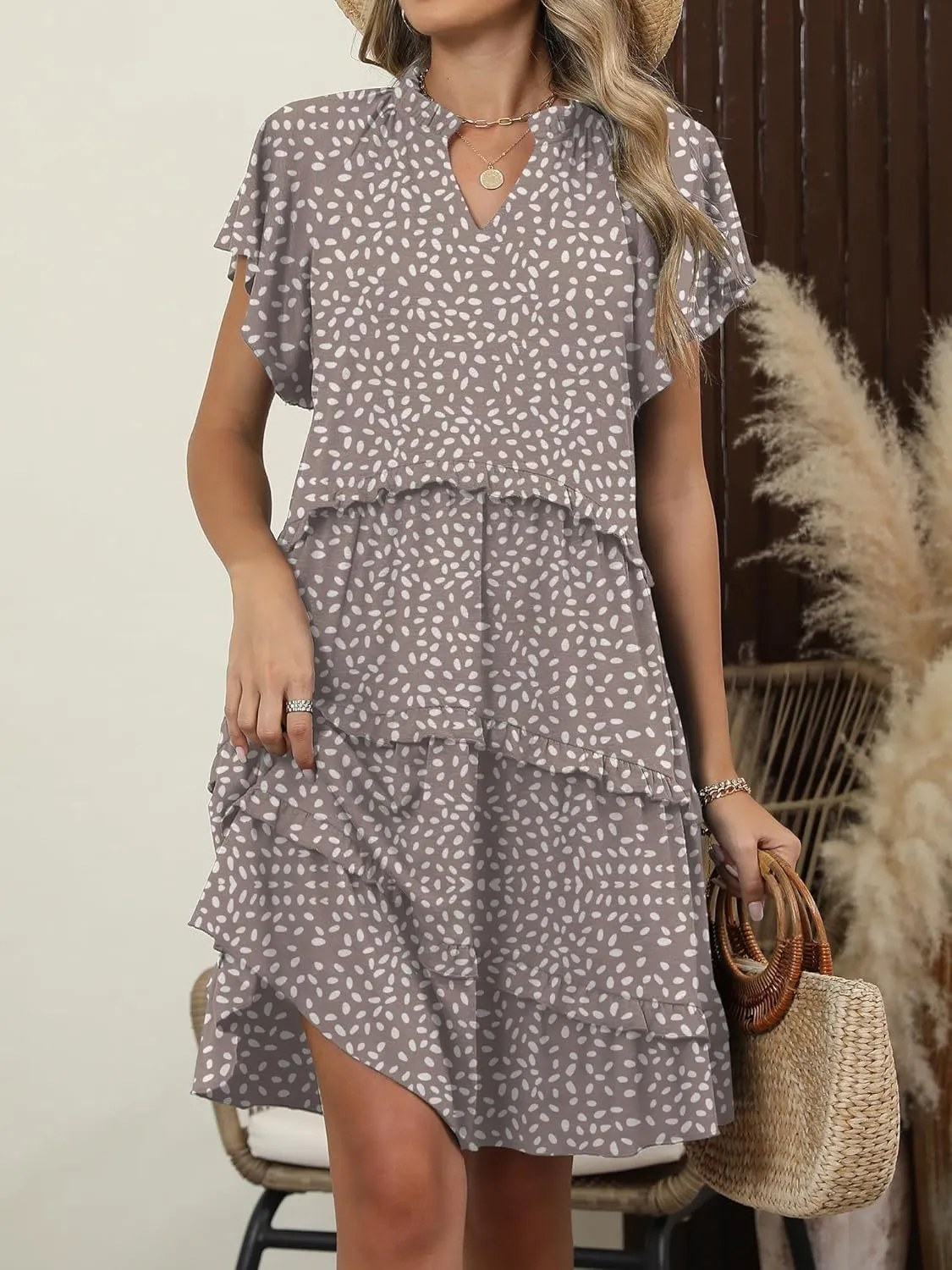 Caracilia Women Summer Casual V Neck Flutter Sleeve Sundress Boho Flowy Ruffle Tiered Spring Beach Vacation Short Mini Dress