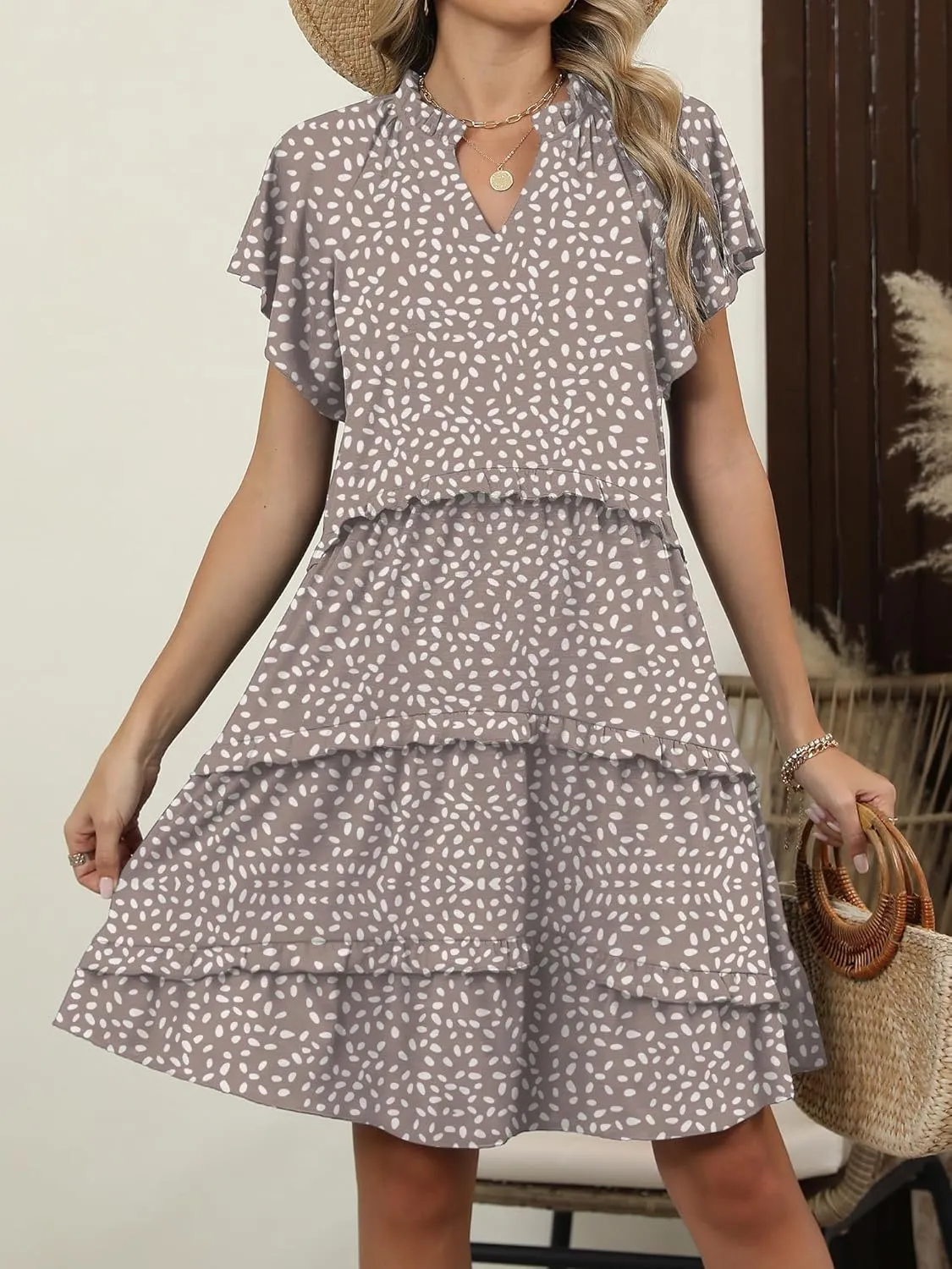 Caracilia Women Summer Casual V Neck Flutter Sleeve Sundress Boho Flowy Ruffle Tiered Spring Beach Vacation Short Mini Dress