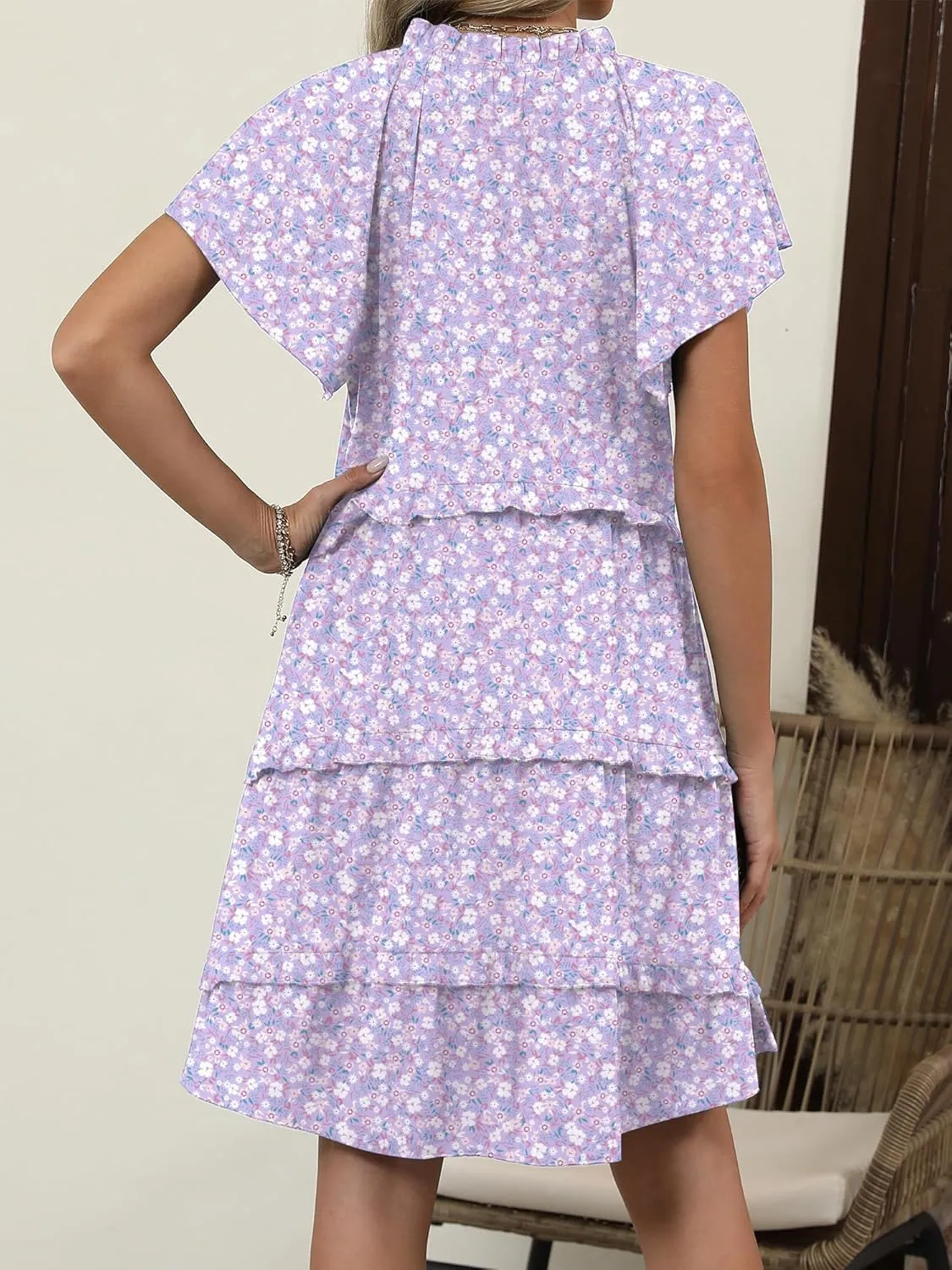 Caracilia Women Summer Casual V Neck Flutter Sleeve Sundress Boho Flowy Ruffle Tiered Spring Beach Vacation Short Mini Dress