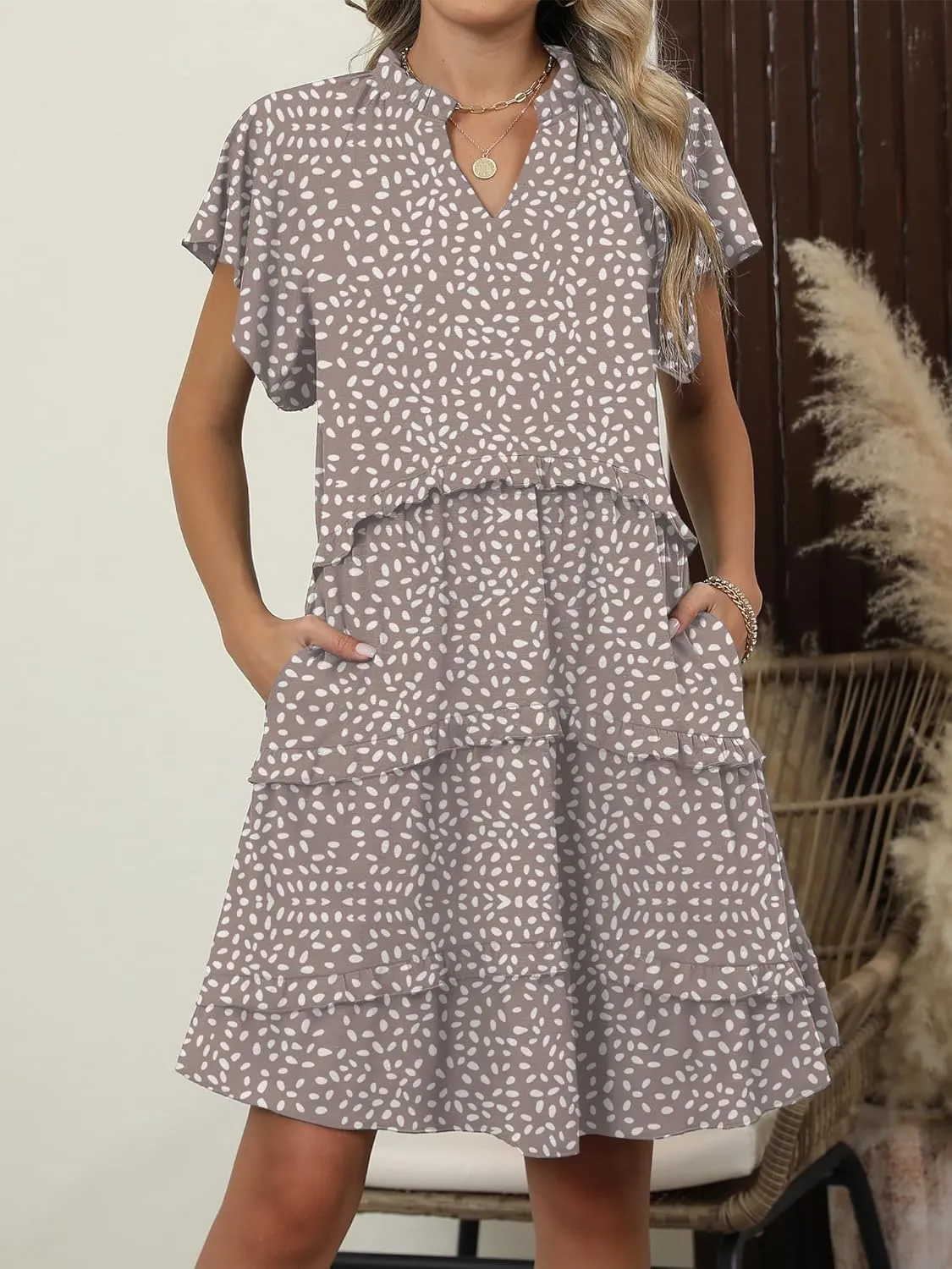 Caracilia Women Summer Casual V Neck Flutter Sleeve Sundress Boho Flowy Ruffle Tiered Spring Beach Vacation Short Mini Dress