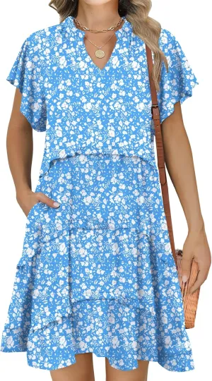 Caracilia Women Summer Casual V Neck Flutter Sleeve Sundress Boho Flowy Ruffle Tiered Spring Beach Vacation Short Mini Dress