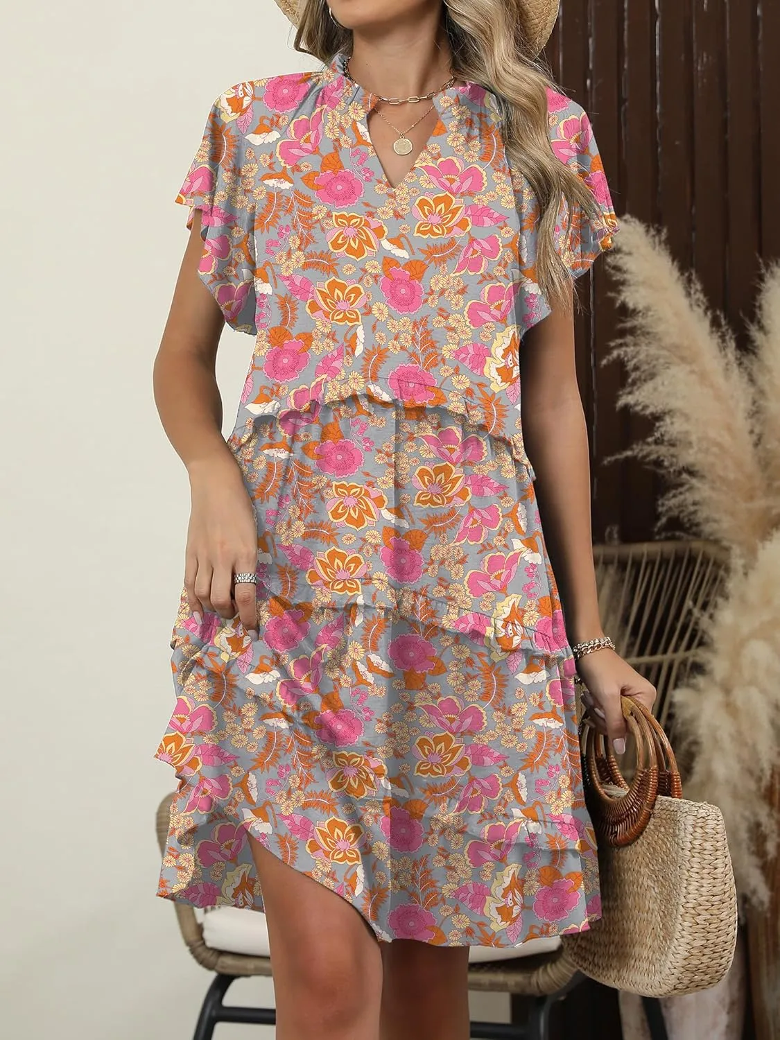 Caracilia Women Summer Casual V Neck Flutter Sleeve Sundress Boho Flowy Ruffle Tiered Spring Beach Vacation Short Mini Dress