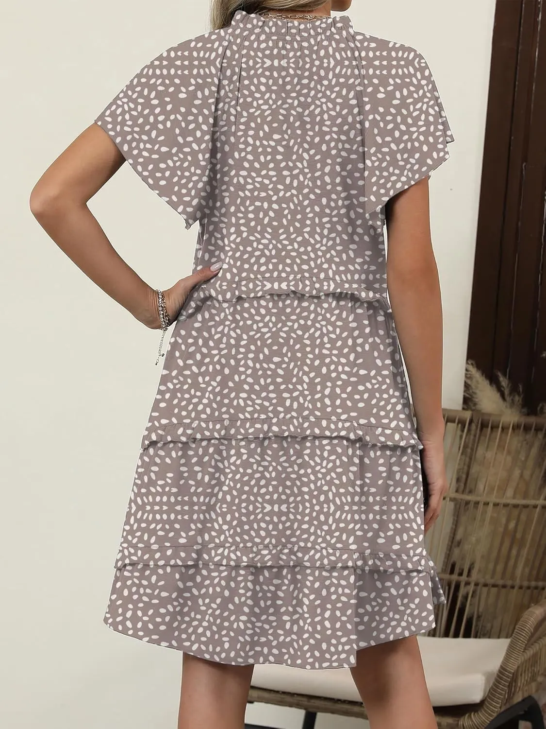 Caracilia Women Summer Casual V Neck Flutter Sleeve Sundress Boho Flowy Ruffle Tiered Spring Beach Vacation Short Mini Dress