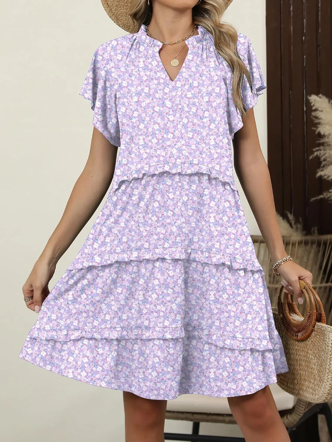 Caracilia Women Summer Casual V Neck Flutter Sleeve Sundress Boho Flowy Ruffle Tiered Spring Beach Vacation Short Mini Dress
