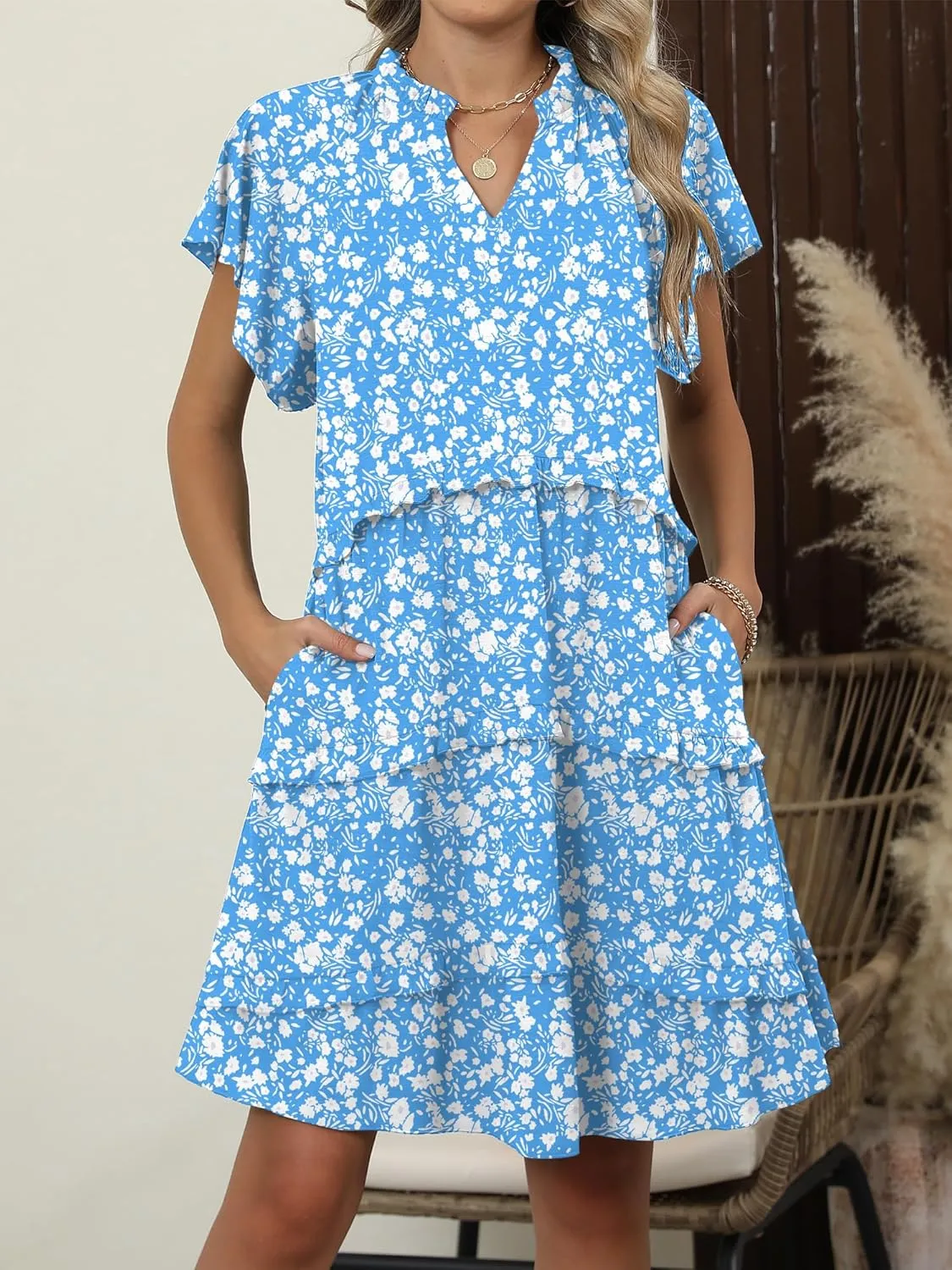 Caracilia Women Summer Casual V Neck Flutter Sleeve Sundress Boho Flowy Ruffle Tiered Spring Beach Vacation Short Mini Dress