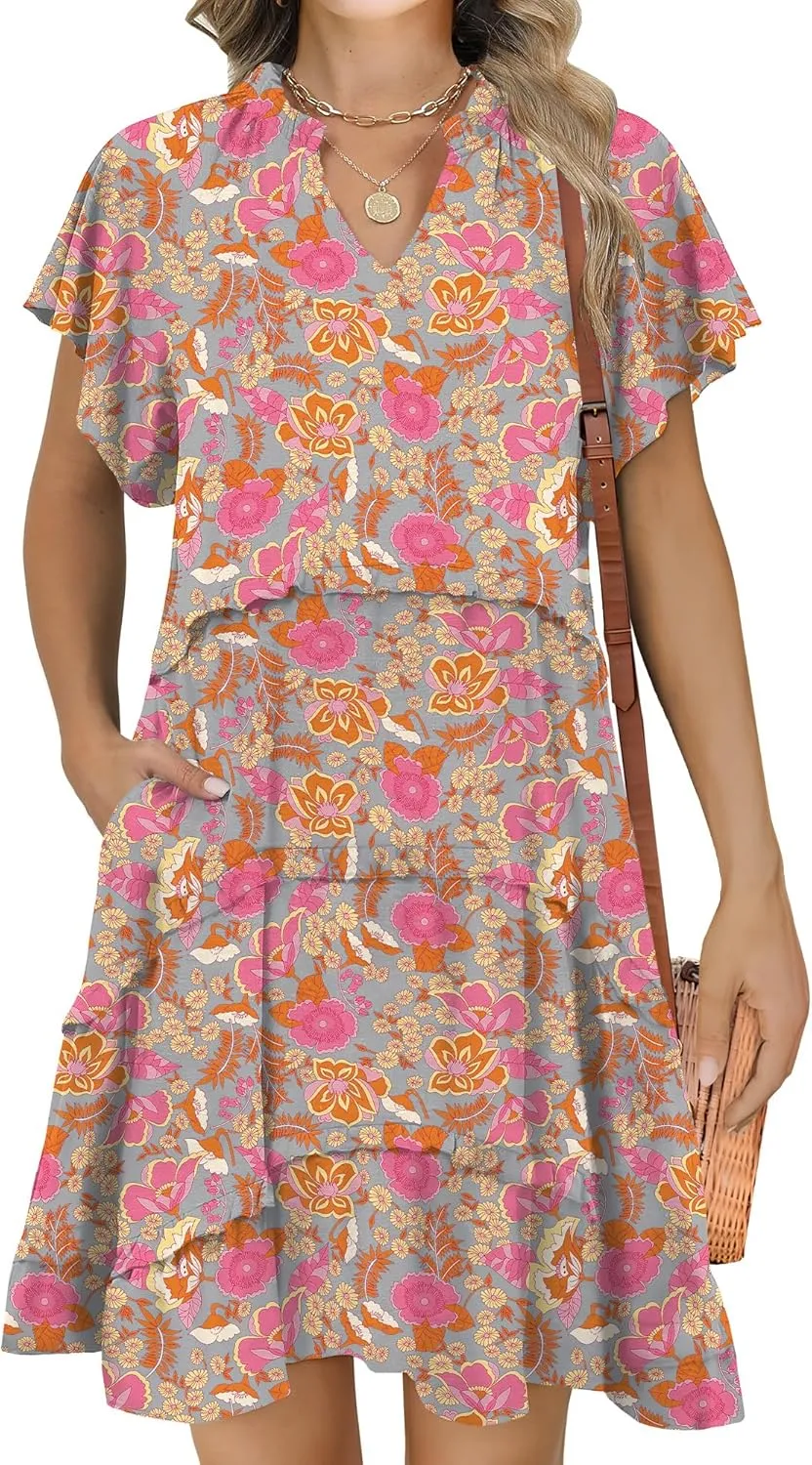 Caracilia Women Summer Casual V Neck Flutter Sleeve Sundress Boho Flowy Ruffle Tiered Spring Beach Vacation Short Mini Dress