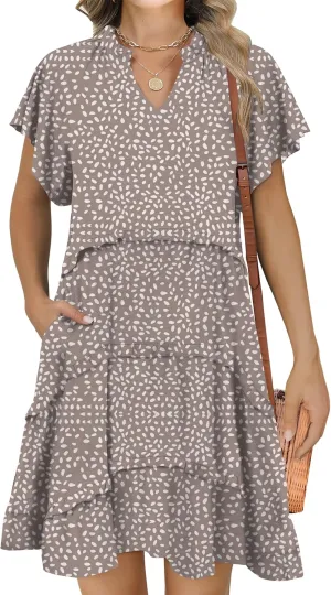 Caracilia Women Summer Casual V Neck Flutter Sleeve Sundress Boho Flowy Ruffle Tiered Spring Beach Vacation Short Mini Dress