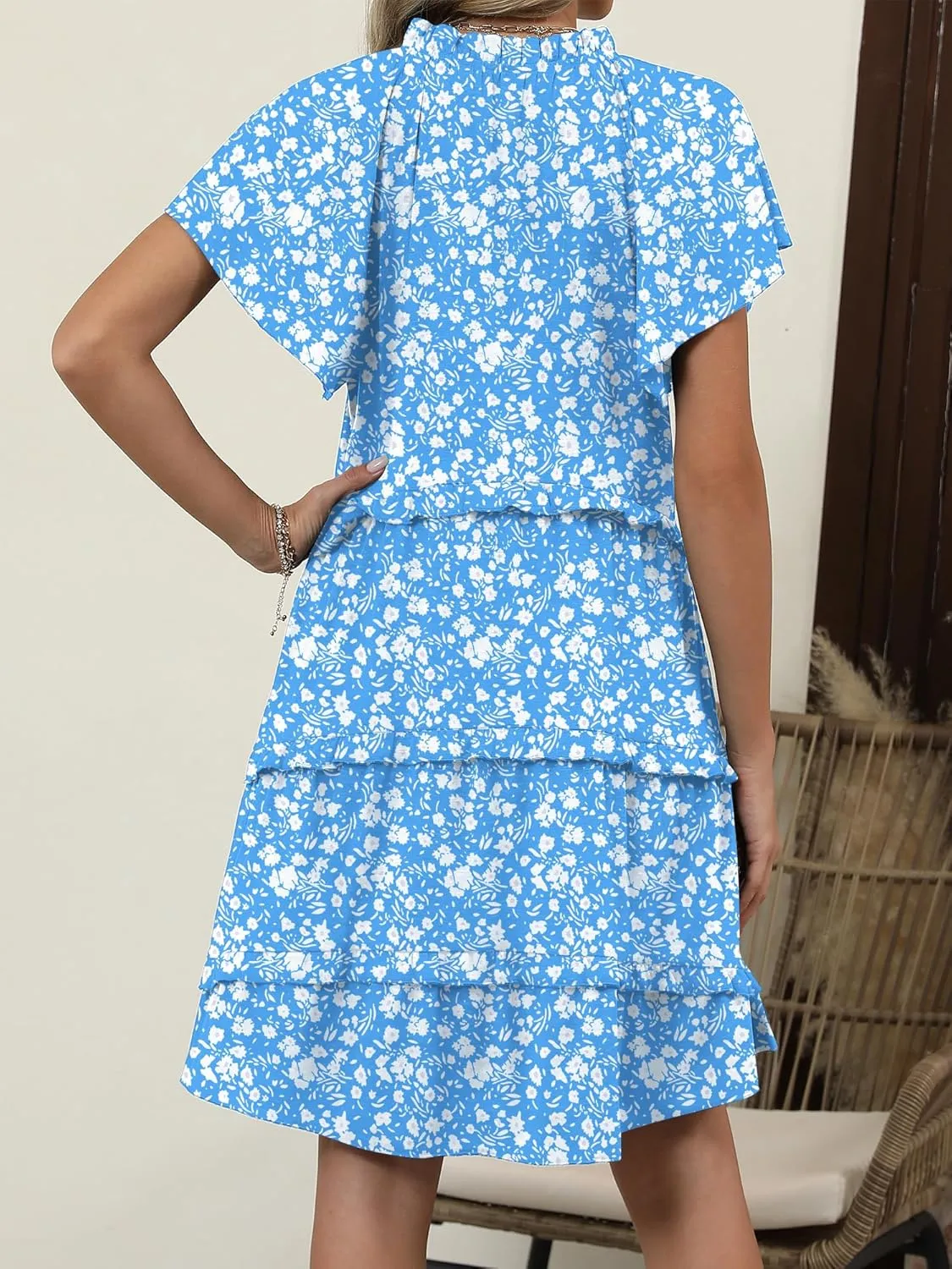 Caracilia Women Summer Casual V Neck Flutter Sleeve Sundress Boho Flowy Ruffle Tiered Spring Beach Vacation Short Mini Dress
