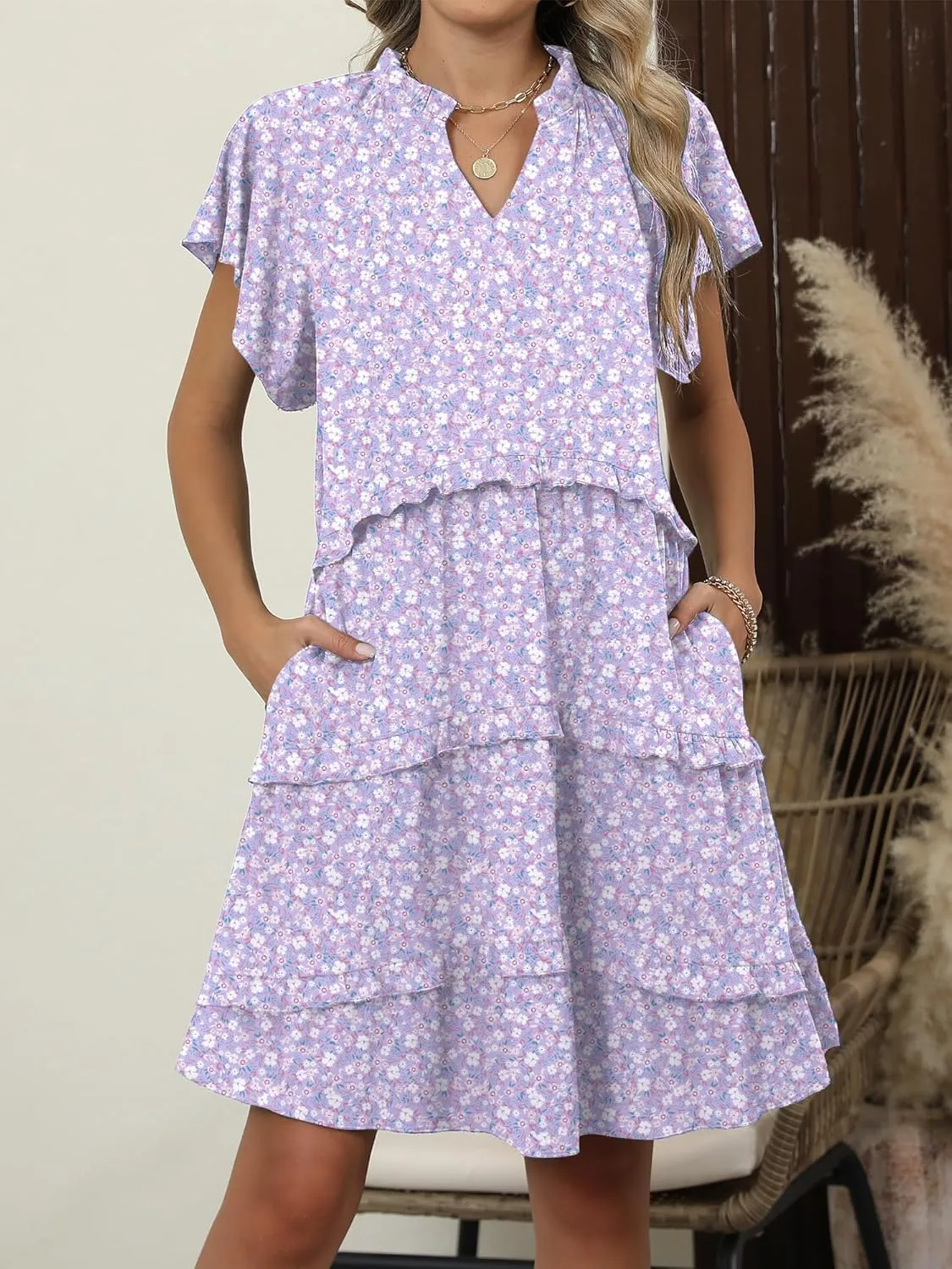 Caracilia Women Summer Casual V Neck Flutter Sleeve Sundress Boho Flowy Ruffle Tiered Spring Beach Vacation Short Mini Dress