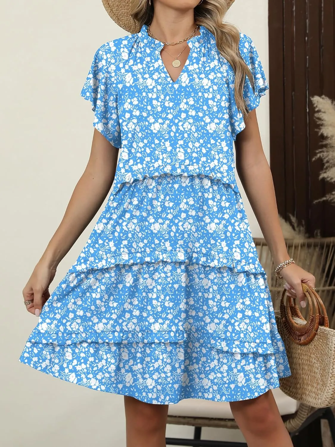 Caracilia Women Summer Casual V Neck Flutter Sleeve Sundress Boho Flowy Ruffle Tiered Spring Beach Vacation Short Mini Dress