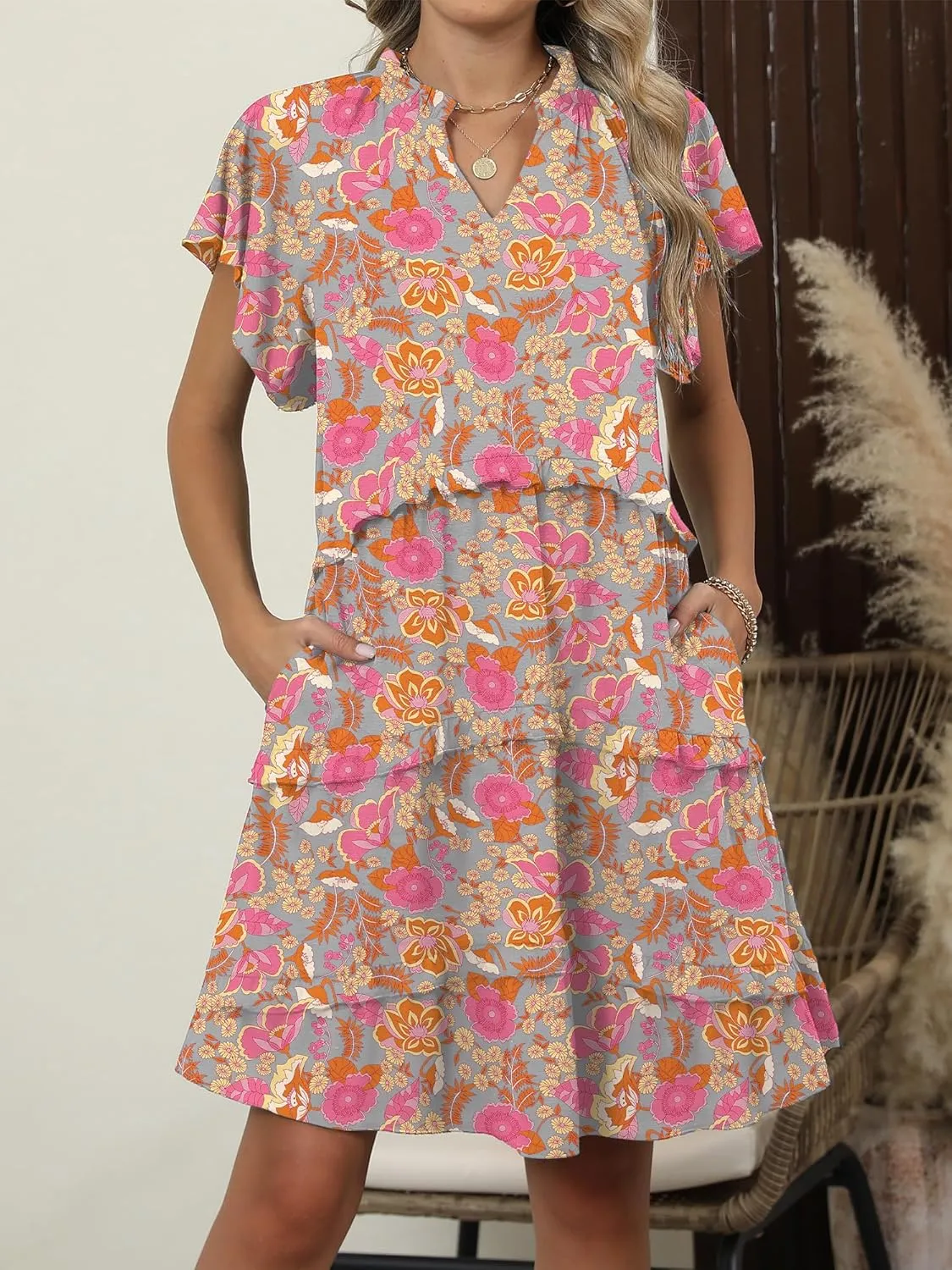 Caracilia Women Summer Casual V Neck Flutter Sleeve Sundress Boho Flowy Ruffle Tiered Spring Beach Vacation Short Mini Dress
