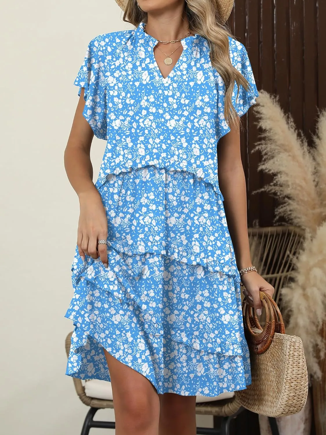 Caracilia Women Summer Casual V Neck Flutter Sleeve Sundress Boho Flowy Ruffle Tiered Spring Beach Vacation Short Mini Dress