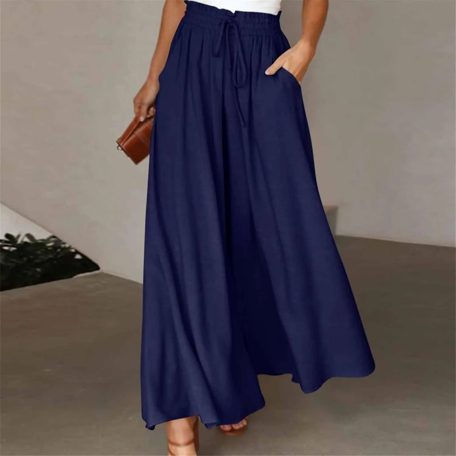 Casual Drawstring Joggers for Womens Lightweight Wide Leg Flowy Lounge Pants with Pockets Simple Stylish Cotton Linen Trouser