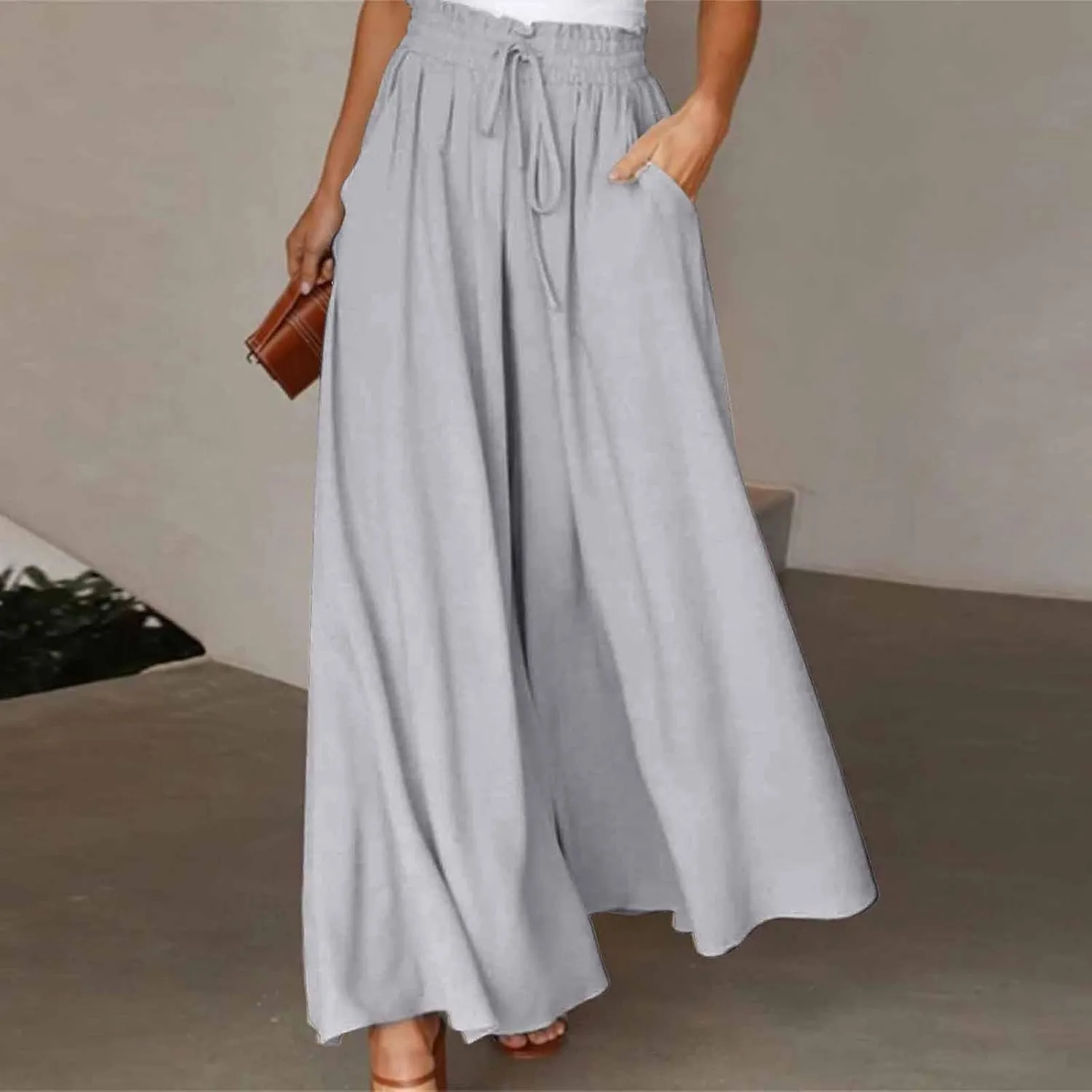 Casual Drawstring Joggers for Womens Lightweight Wide Leg Flowy Lounge Pants with Pockets Simple Stylish Cotton Linen Trouser