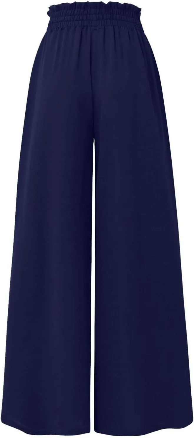 Casual Drawstring Joggers for Womens Lightweight Wide Leg Flowy Lounge Pants with Pockets Simple Stylish Cotton Linen Trouser