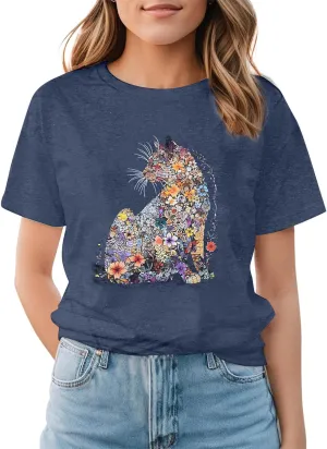 Cat Lady Floral Printed Shirts for Women - Cat Mom T-Shirt Casual Short Sleeve Tops