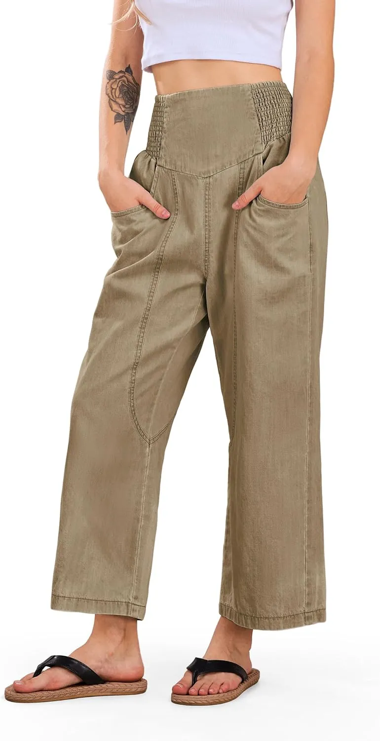 CHARTOU Denim Harem Pants for Women Loose Fit Wide Leg Cropped Barrel Jeans