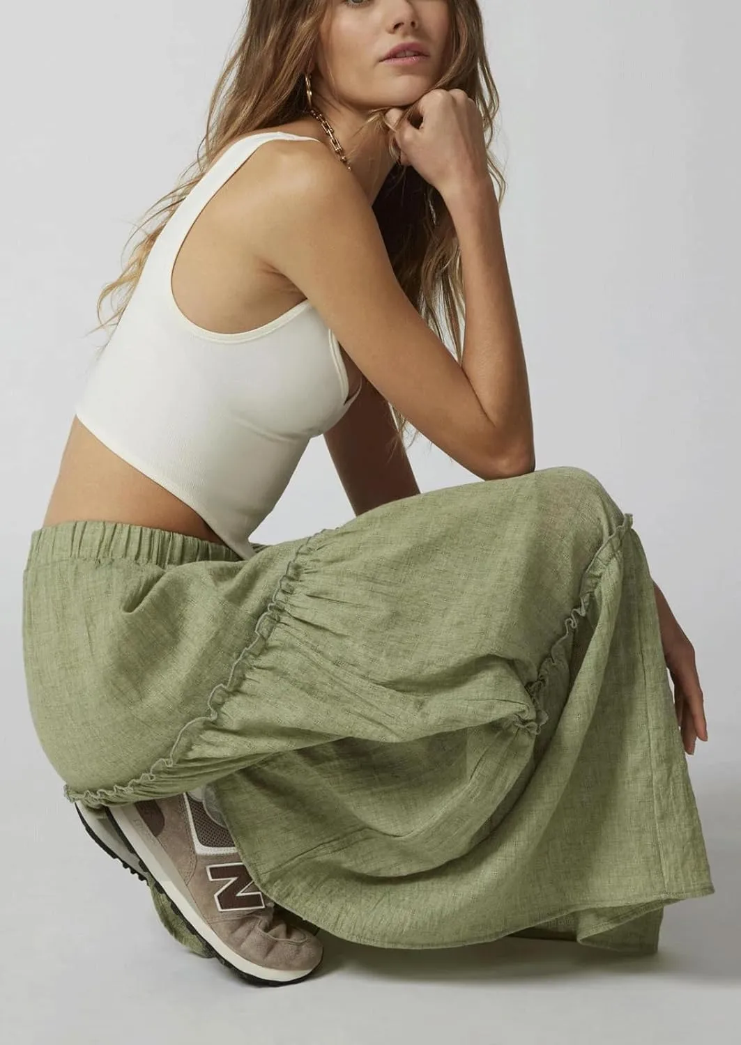 CHARTOU Women's Summer Boho Elastic High Waist Tiered Long Skirt Pleated Flowy Swing A Line Beach Maxi Skirt