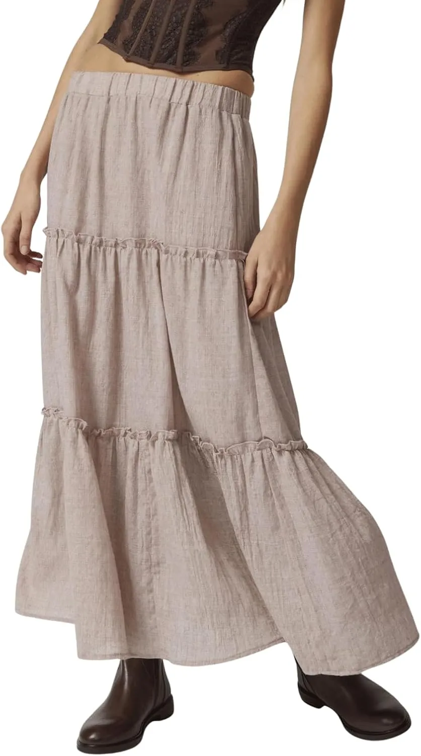 CHARTOU Women's Summer Boho Elastic High Waist Tiered Long Skirt Pleated Flowy Swing A Line Beach Maxi Skirt