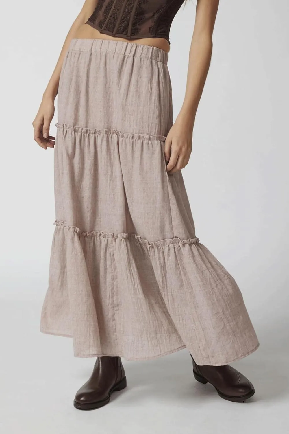 CHARTOU Women's Summer Boho Elastic High Waist Tiered Long Skirt Pleated Flowy Swing A Line Beach Maxi Skirt