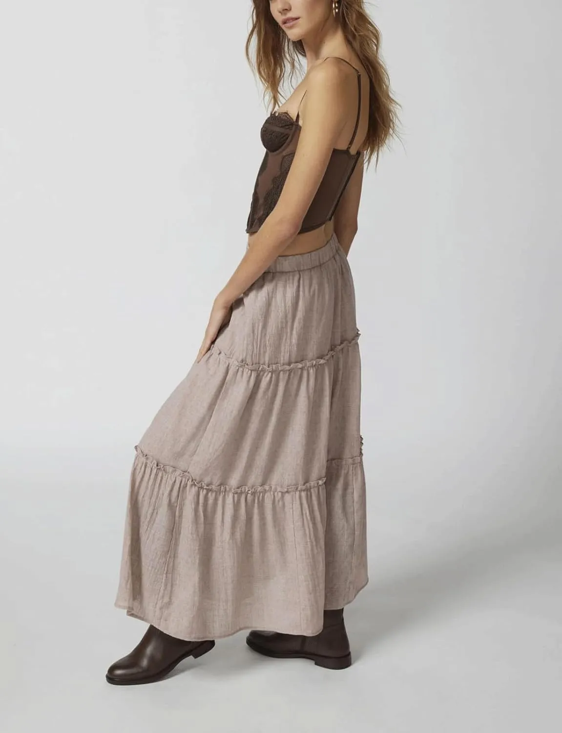 CHARTOU Women's Summer Boho Elastic High Waist Tiered Long Skirt Pleated Flowy Swing A Line Beach Maxi Skirt
