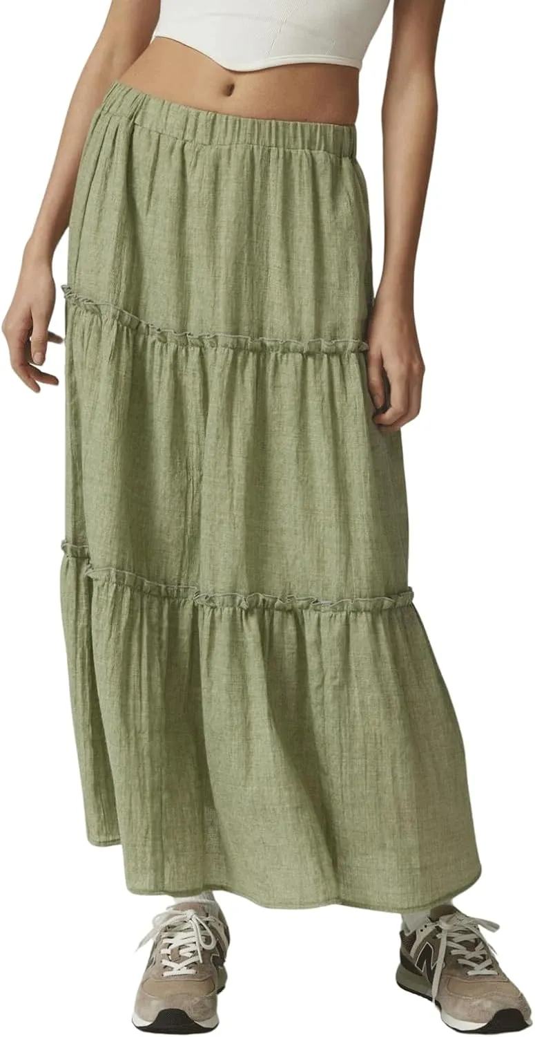 CHARTOU Women's Summer Boho Elastic High Waist Tiered Long Skirt Pleated Flowy Swing A Line Beach Maxi Skirt