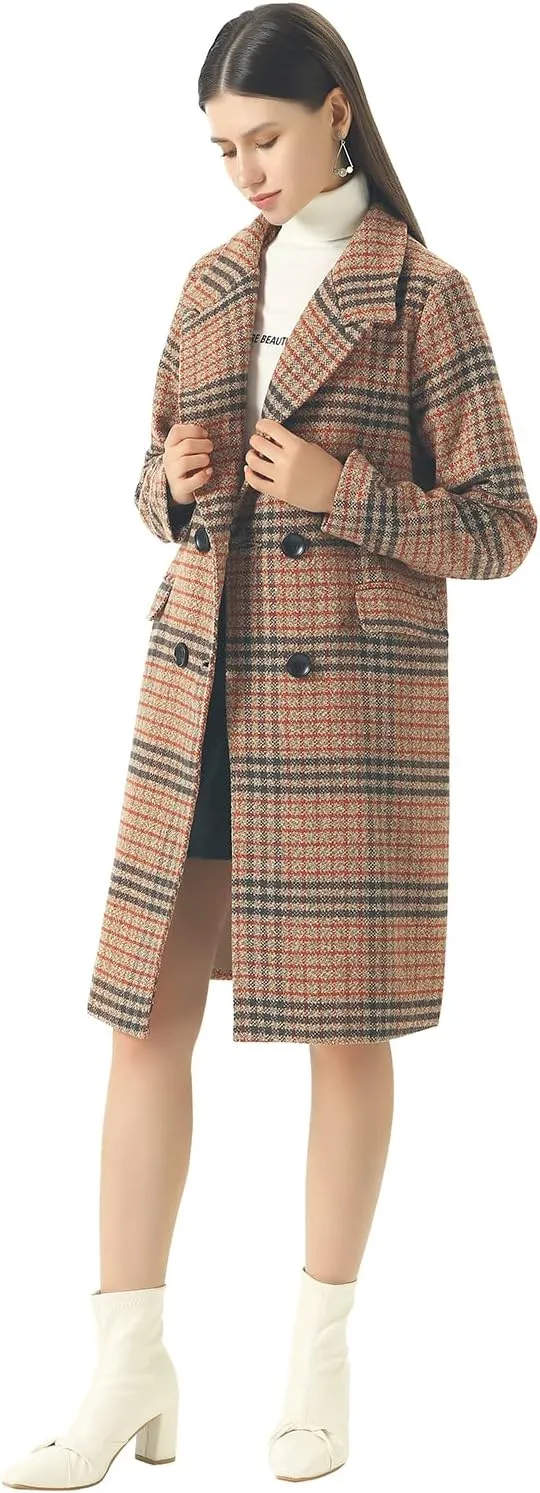 CHARTOU Women's Winter Oversize Lapel Collar Woolen Plaid Double Breasted Long Peacoat Jacket