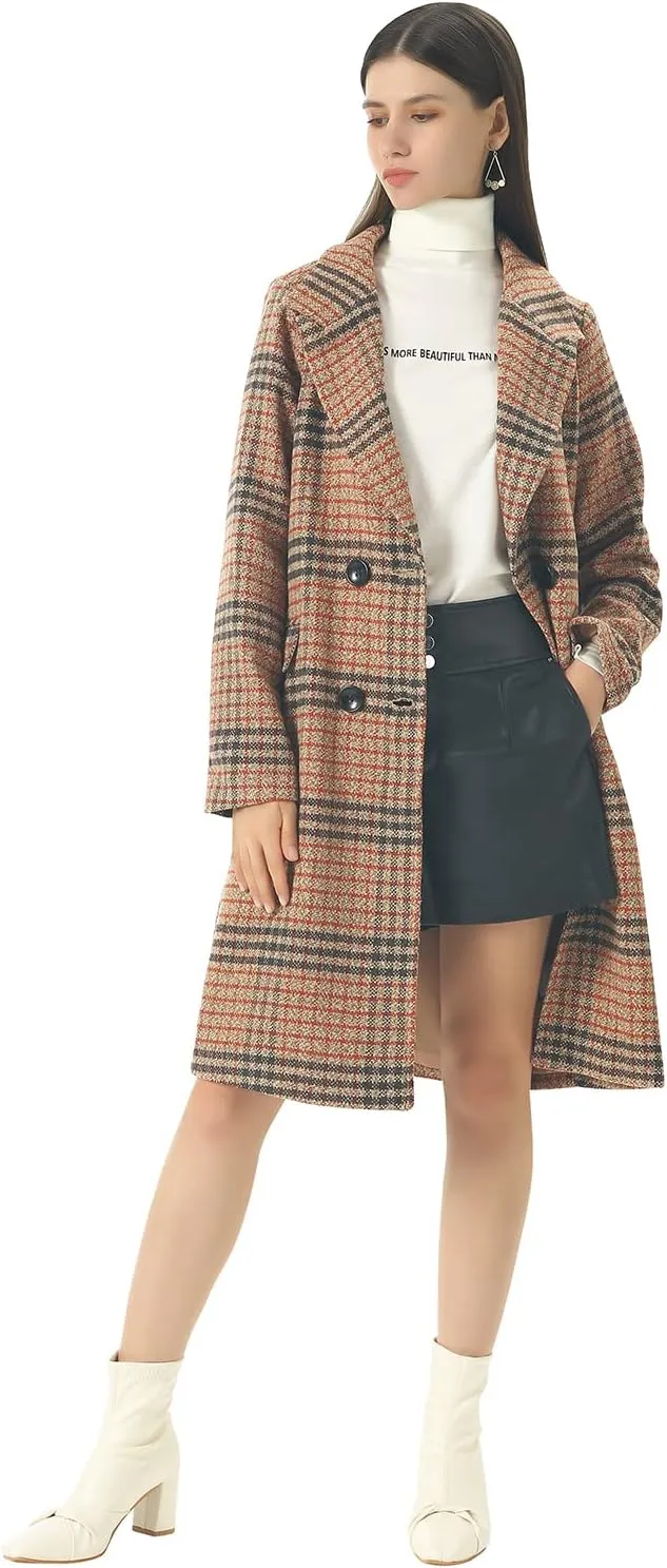 CHARTOU Women's Winter Oversize Lapel Collar Woolen Plaid Double Breasted Long Peacoat Jacket