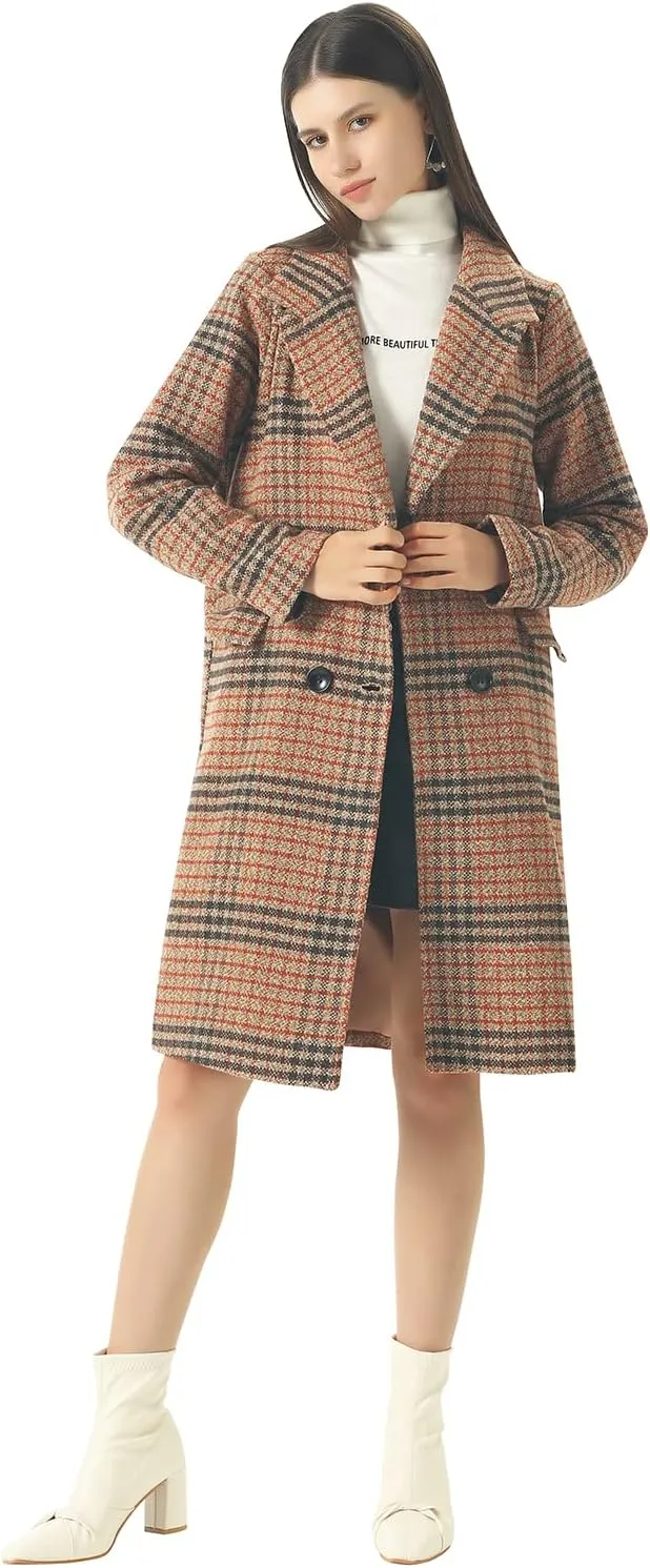 CHARTOU Women's Winter Oversize Lapel Collar Woolen Plaid Double Breasted Long Peacoat Jacket