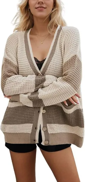 chouyatou Women's Fall Color Block Oversized Cardigan Sweater V-Neck Button Down Knit Cardigan Jacket
