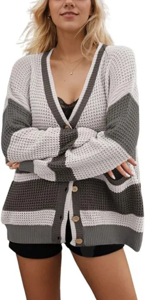 chouyatou Women's Fall Color Block Oversized Cardigan Sweater V-Neck Button Down Knit Cardigan Jacket