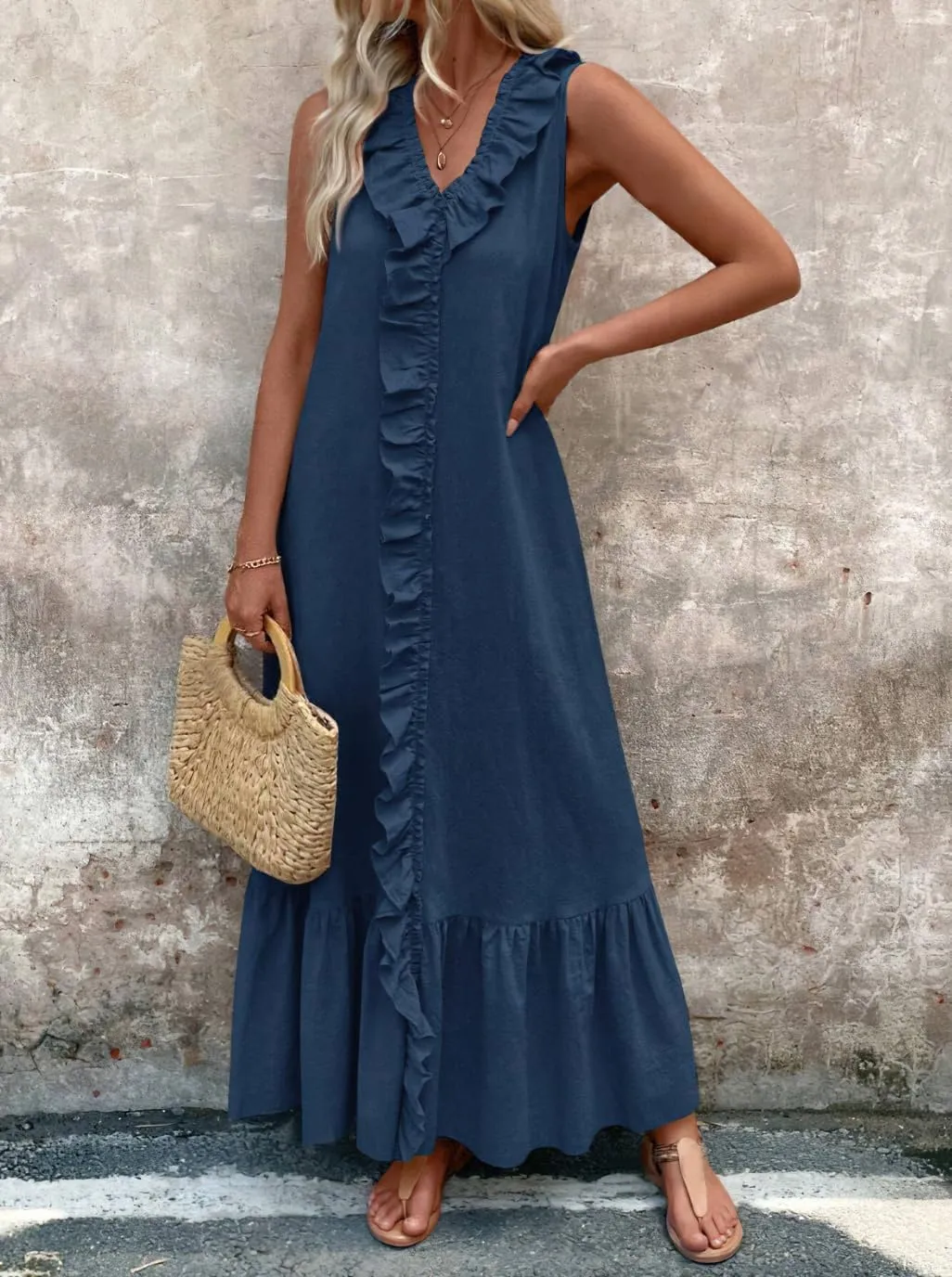 chouyatou Women's Summer Beach Cotton Tank Dress Linen Boho Sleeveless Tiered Ruffle Maxi Long Sundress